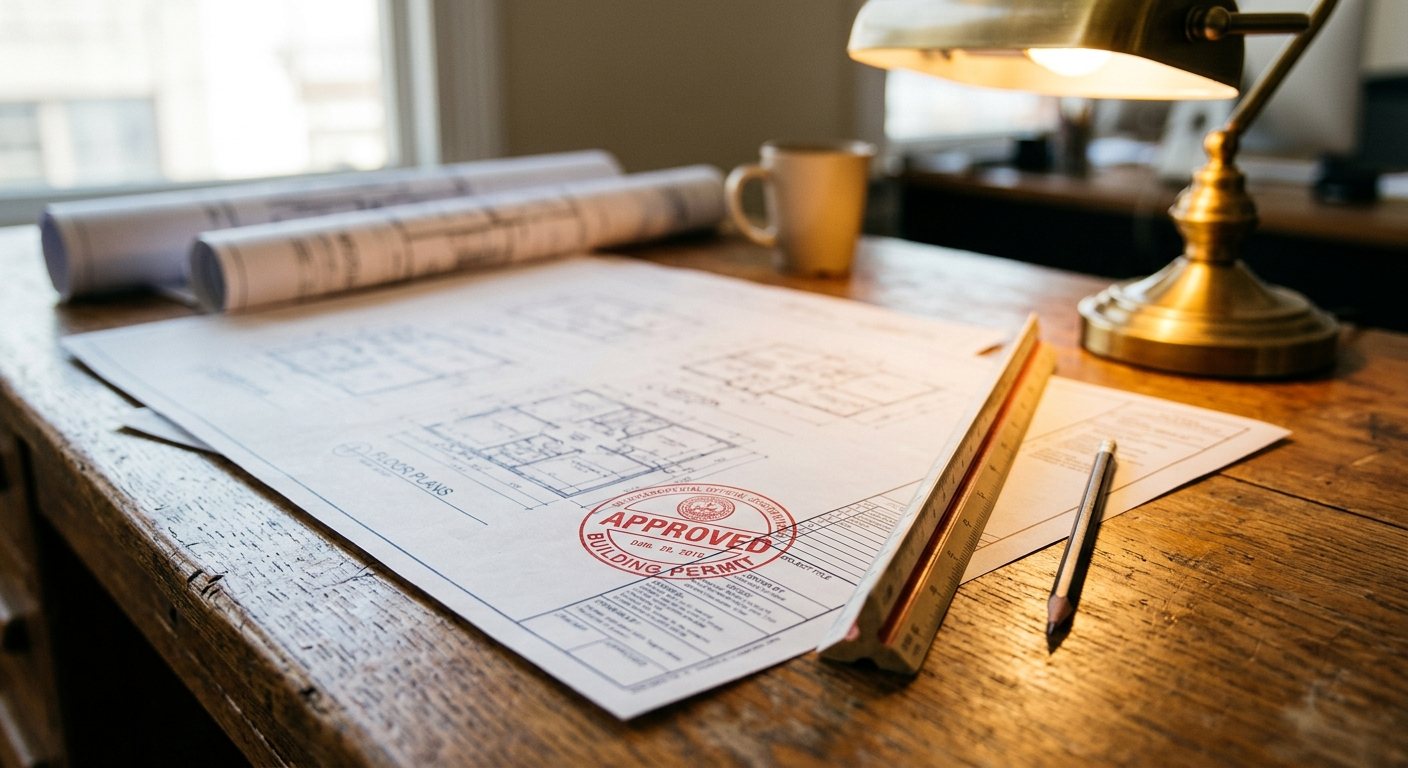 Building permit documents and plans on a desk