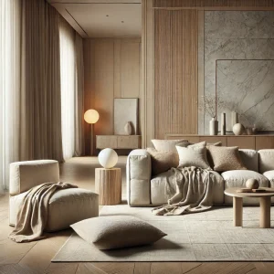 Ruang tamu bergaya Quiet Luxury dengan desain minimalis, material berkualitas seperti marmer dan kayu, serta pencahayaan lembut yang elegan.