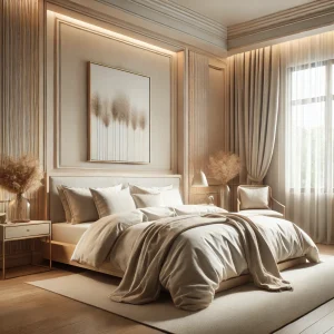 Kamar tidur elegan dengan konsep Quiet Luxury, menampilkan warna netral, linen berkualitas tinggi, dan pencahayaan alami yang menenangkan.