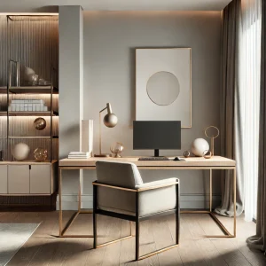 Kantor rumah dengan desain Quiet Luxury, dilengkapi meja kayu minimalis, kursi linen nyaman, dan aksen emas yang subtil.